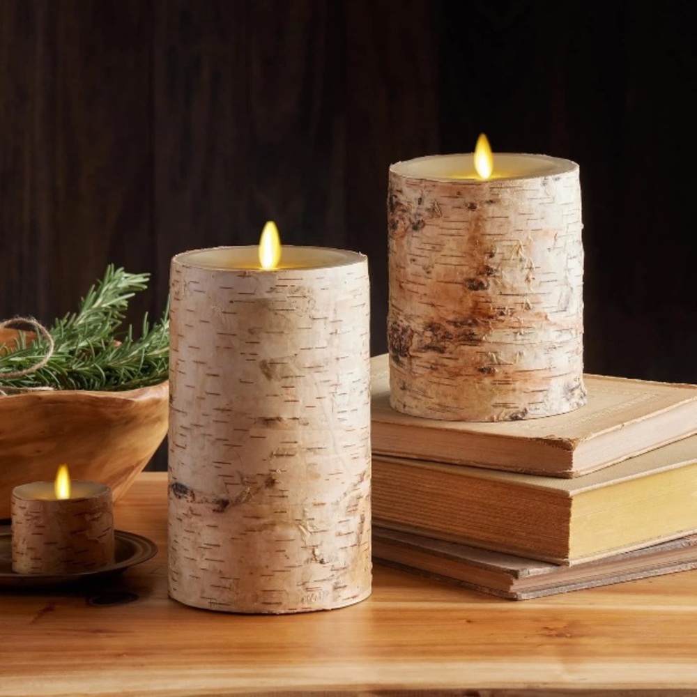 2 Luminara Birch Wrapped Faux Candles Flickering Flame Battery Operated 8” & 4”